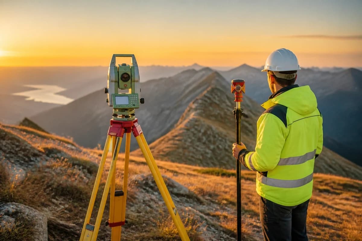 Land surveyor in the field at sunset