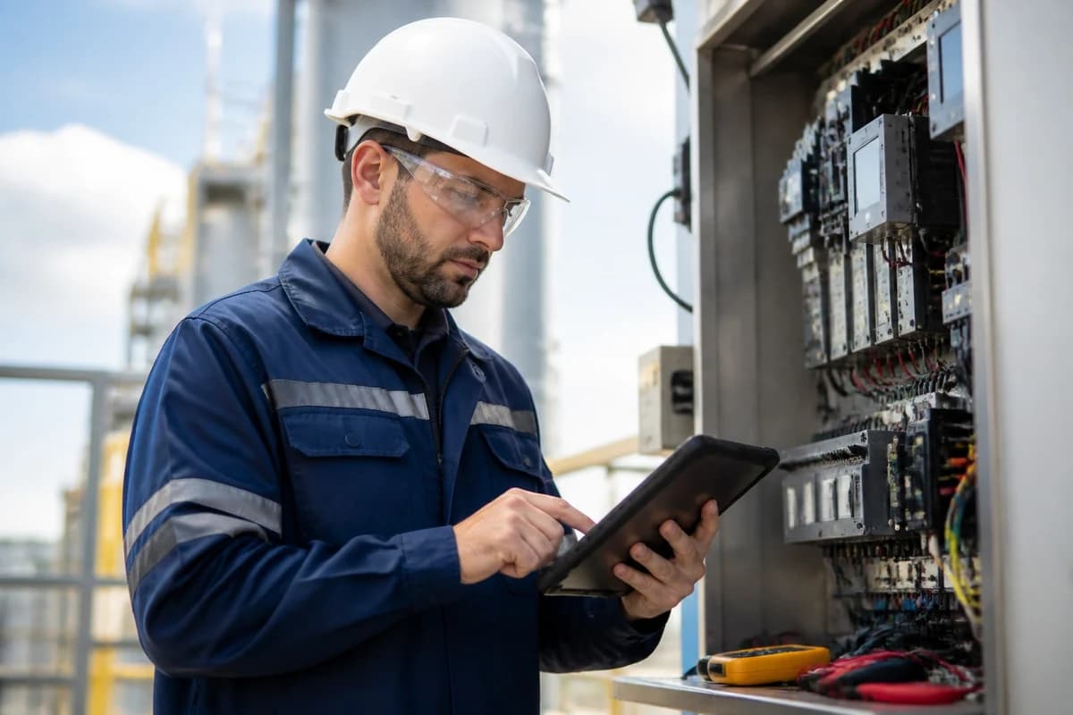 Field-service technician inspecting equipment