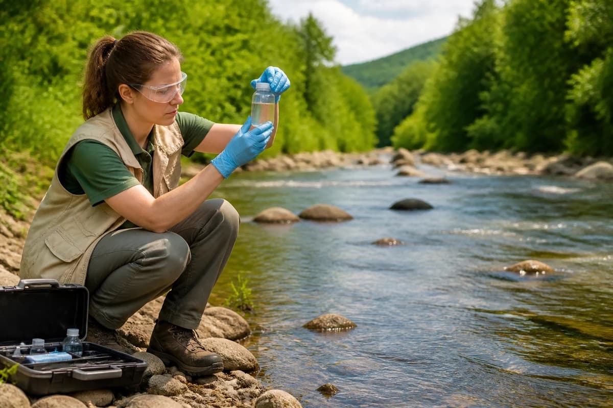 Environmental technician sampling water on site