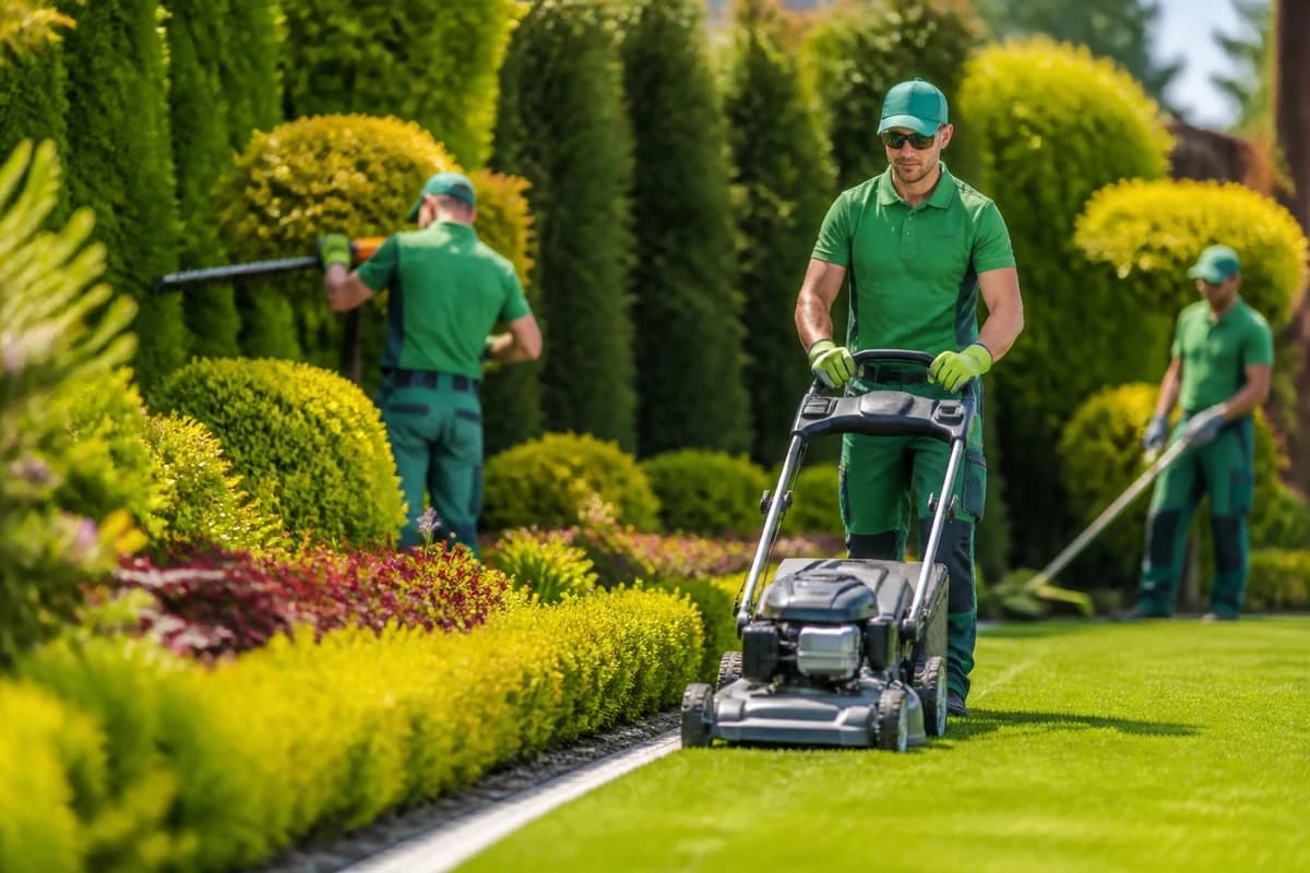 Landscaping crew maintaining a lawn
