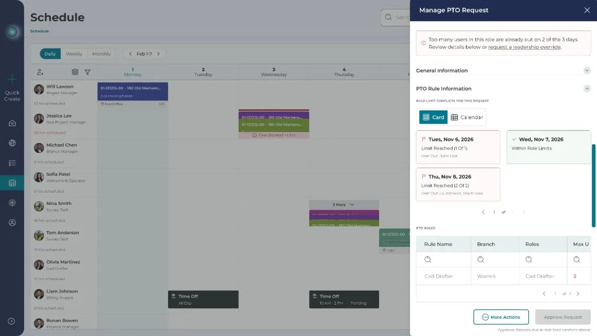 Manage PTO request panel
